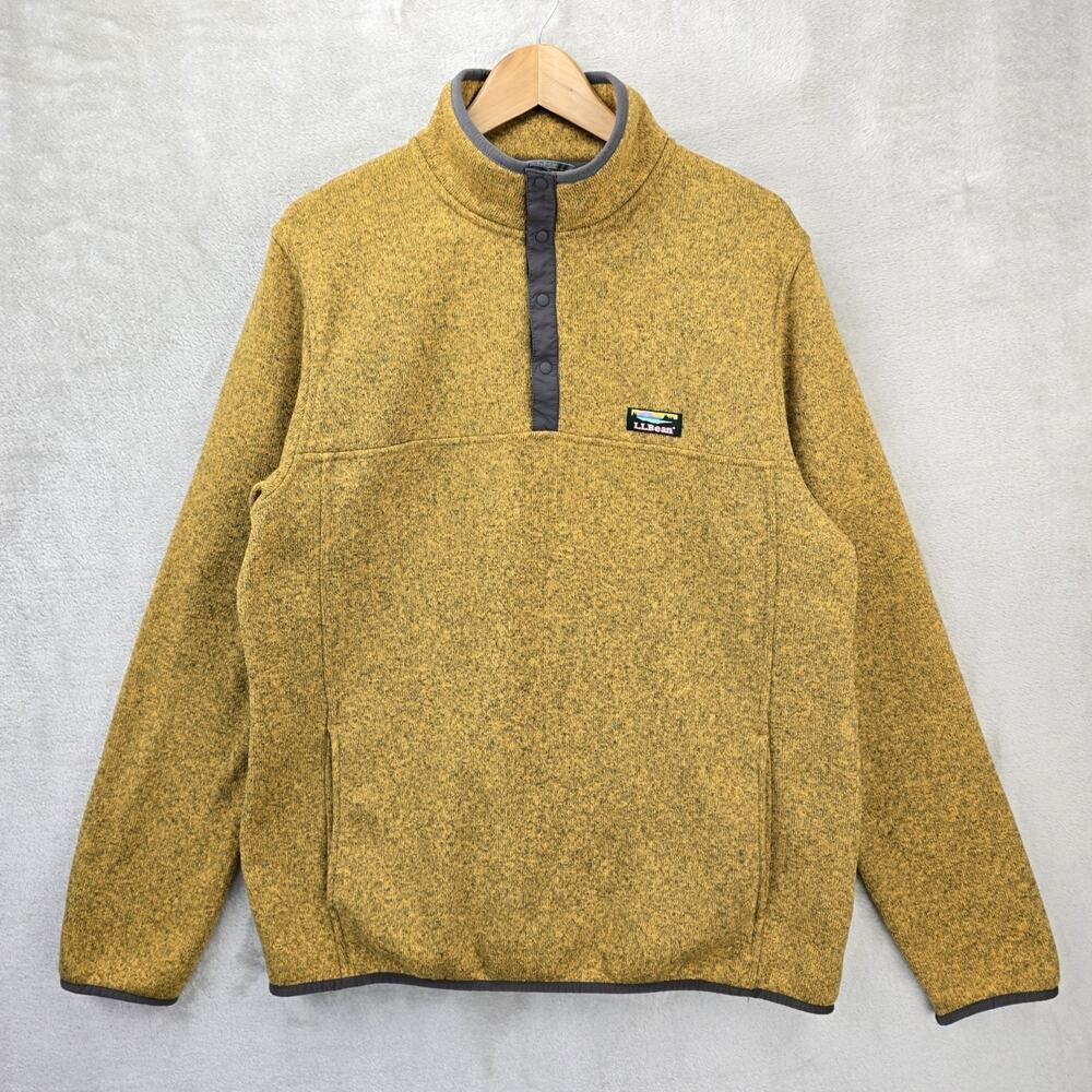 LL Bean Sweater Fleece Pullover Mens Large Yellow 1/4 Snap Slightly Fitted